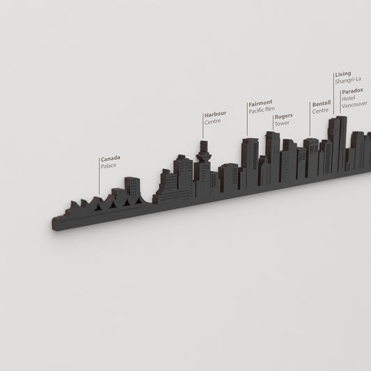 Skyline Vancouver – detalle de Canada Place en madera negra.