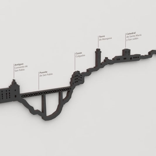 Detalle de las Casas Colgadas en la silueta en madera negra del skyline de Cuenca.