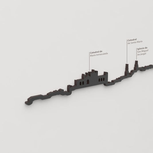 Detalle de la Catedral de María Inmaculada en la silueta negra de Vitoria.