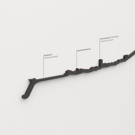 Skyline Navacerrada – detalle del Embalse de Navacerrada en madera negra.