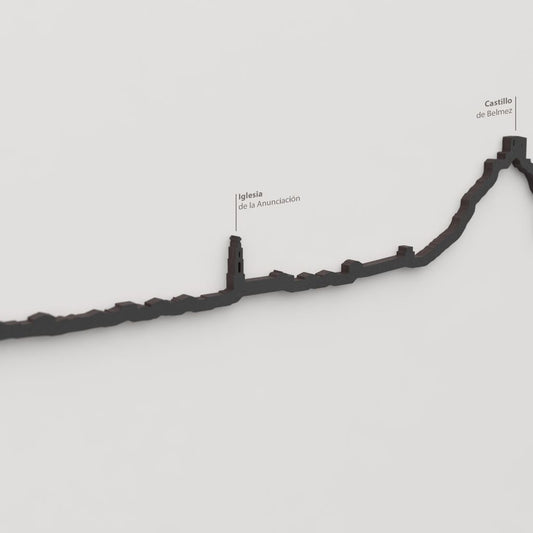 Skyline Belmez – detalle de la Iglesia de la Anunciacion en madera negra.