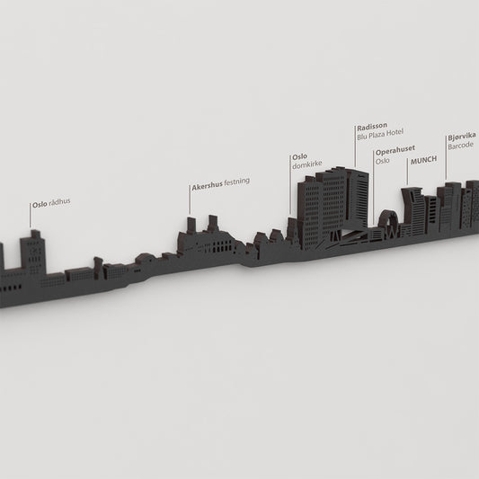 Skyline Oslo – detalle de Oslo rådhus en madera negra.