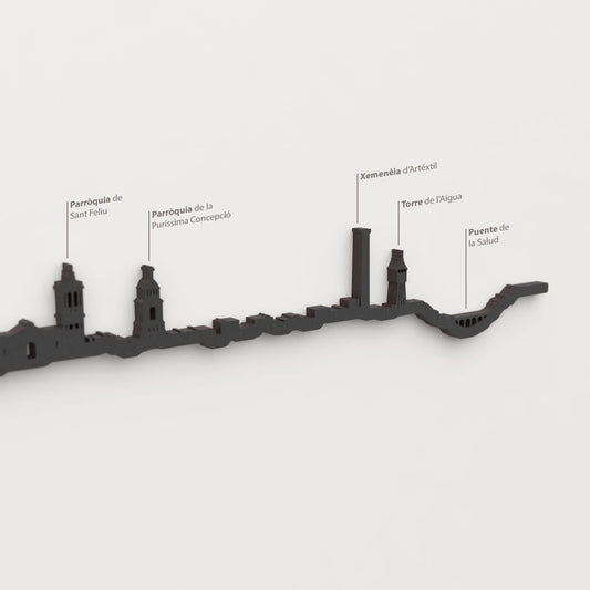 Skyline Sabadell – detalle de la Parroquia de Sant Feliu en madera negra.