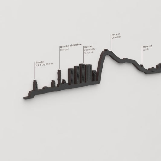 Detalle del Rock of Gibraltar en la silueta de madera del skyline de Gibraltar.