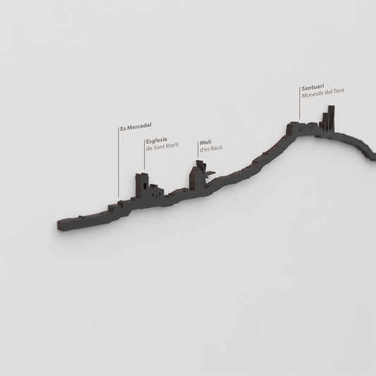 Skyline El Toro Menorca – detalle de Santuario Monestir del Toro en madera negra.