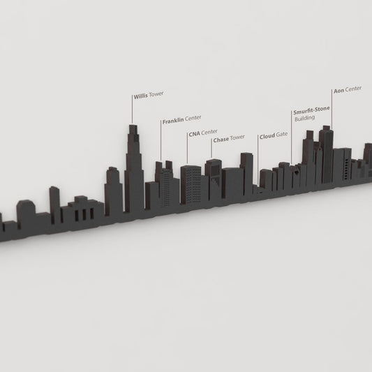 Detalle de la Willis Tower en la silueta del skyline de Chicago en madera negra.
