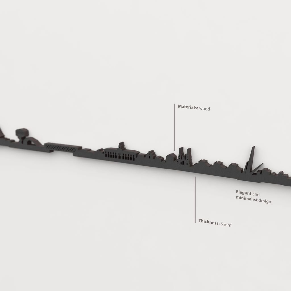 Decoración de pared con la silueta del skyline de Avilés color negro.