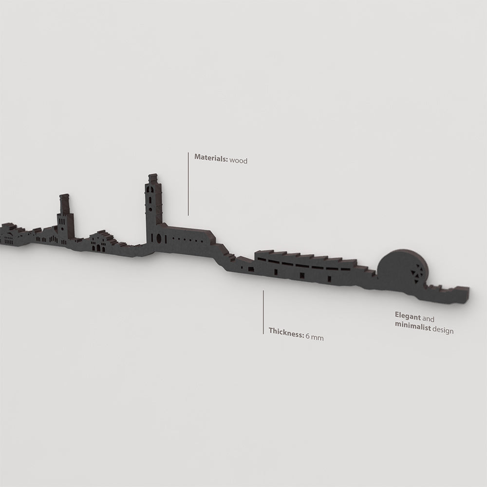 Acabado lacado negro del skyline Badalona en madera.