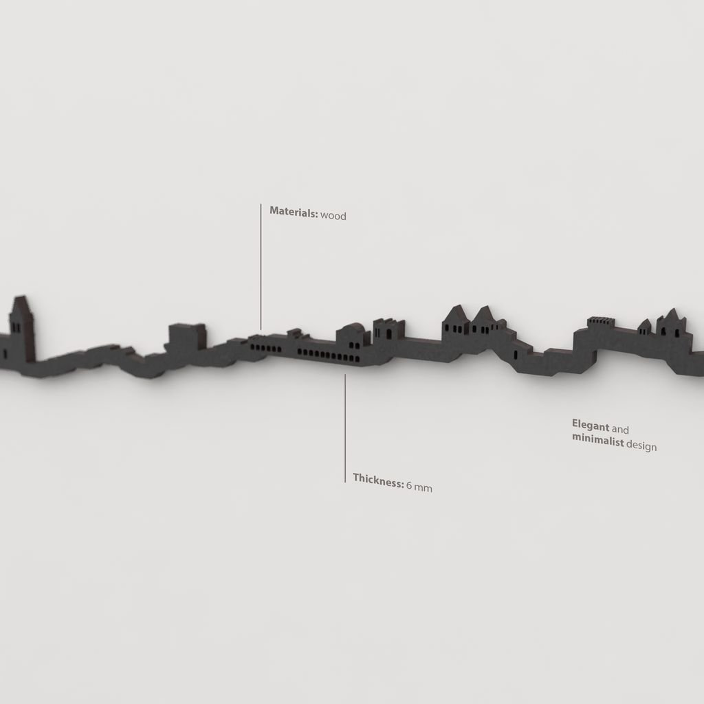 Decoración de pared con la silueta del skyline de Cáceres color negro.