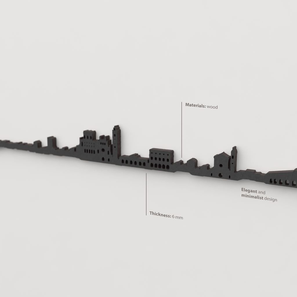 Decoración de pared con la silueta del skyline de Castelló color negro.