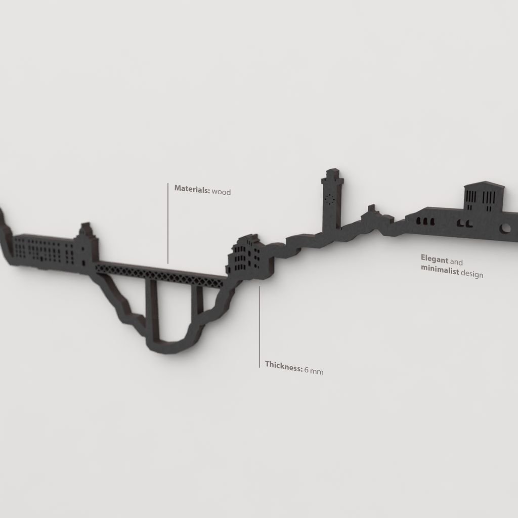 Decoración de pared negra con la silueta del skyline de Cuenca.