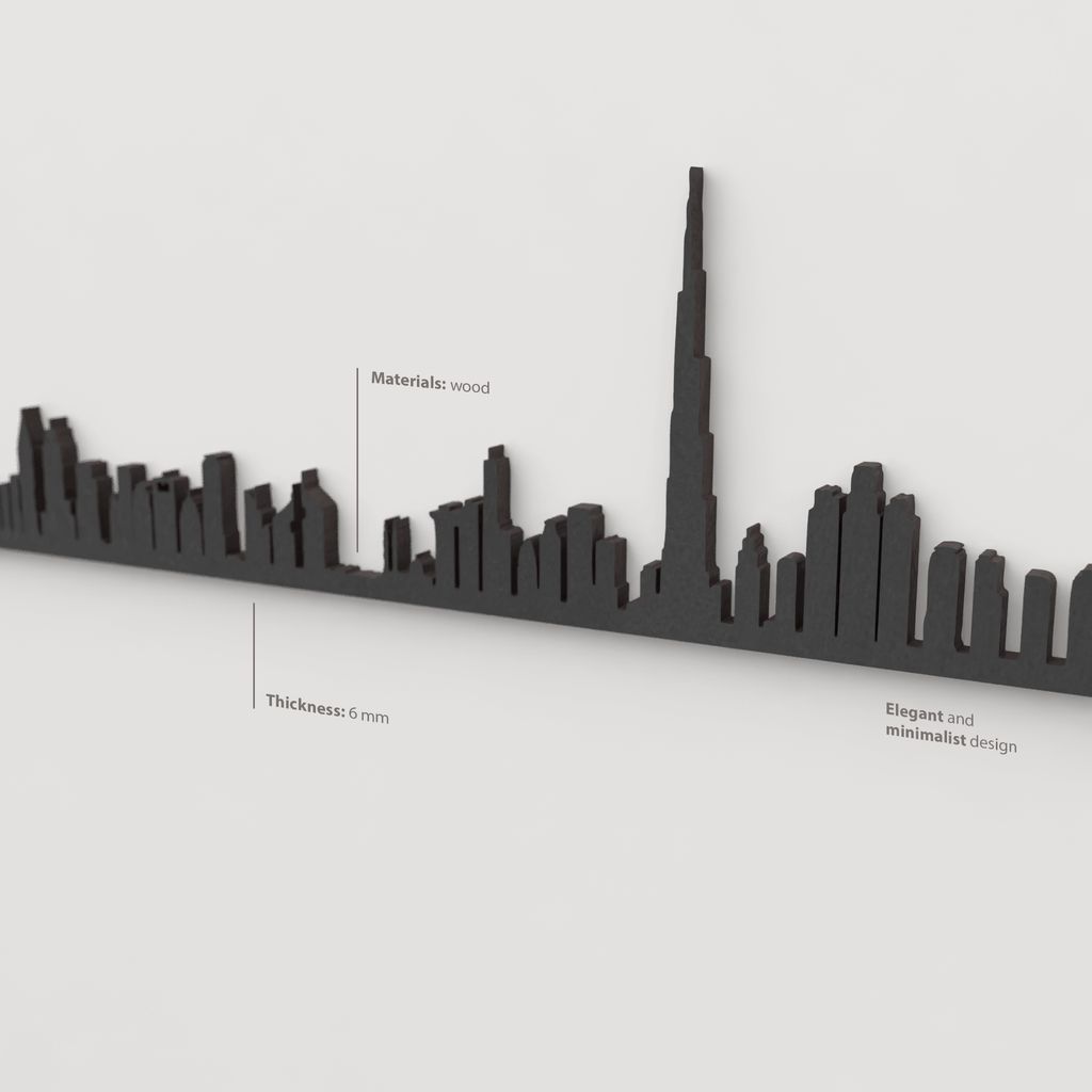 Acabado en negro mate de la silueta de Dubái para decoración moderna.