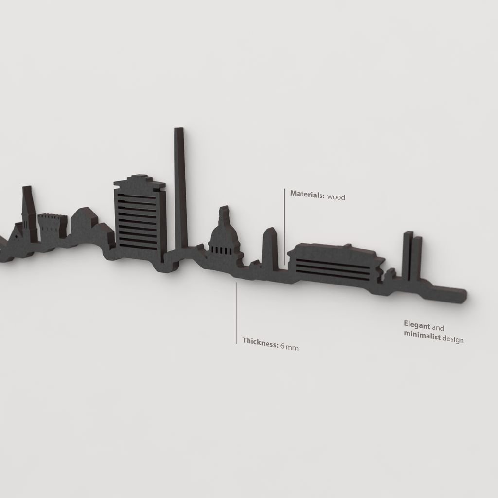 Acabado en negro de la silueta skyline de Dublín para decoración mural moderna.