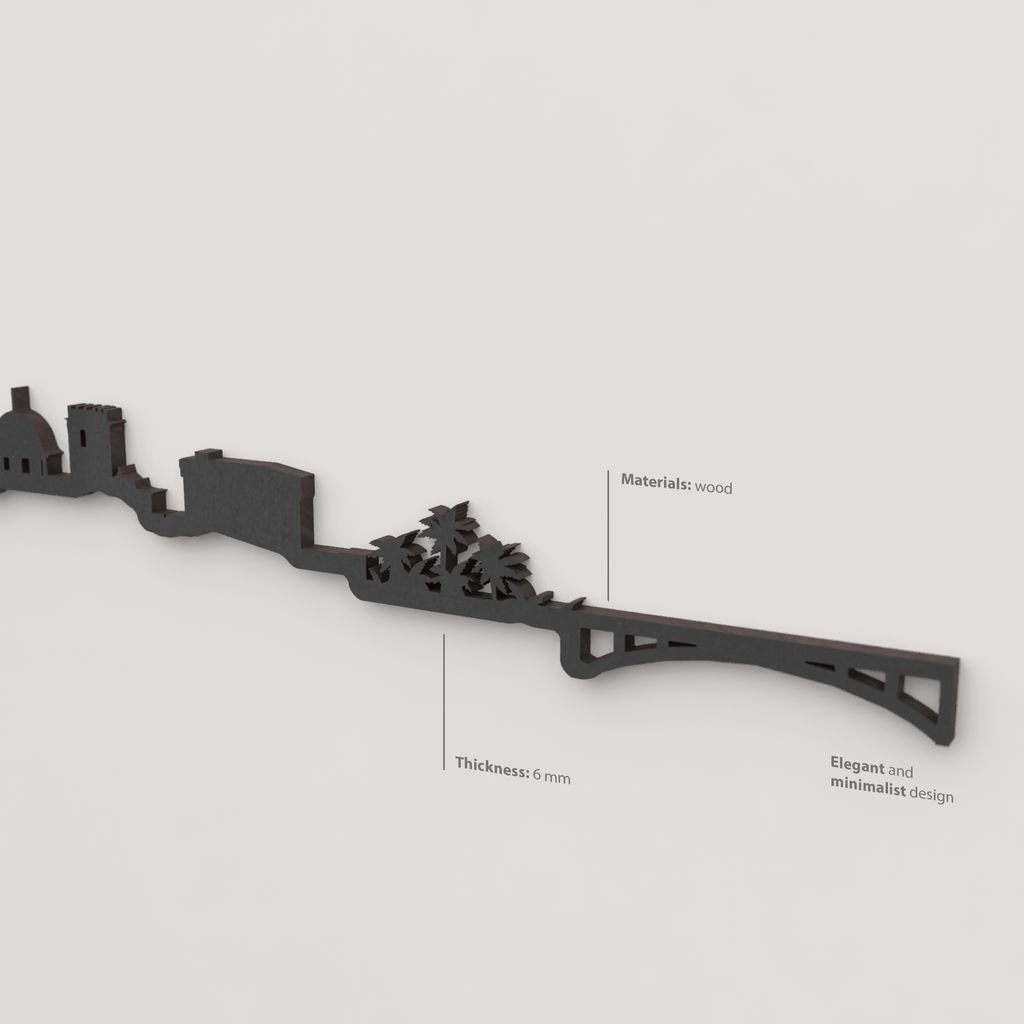 Acabado lacado negro del skyline Elche en madera.