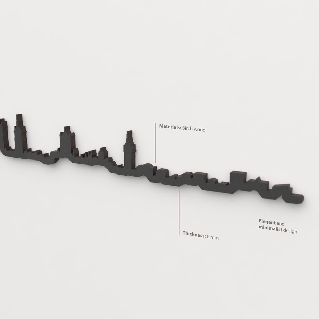 Acabado lacado negro del skyline Gante en madera.