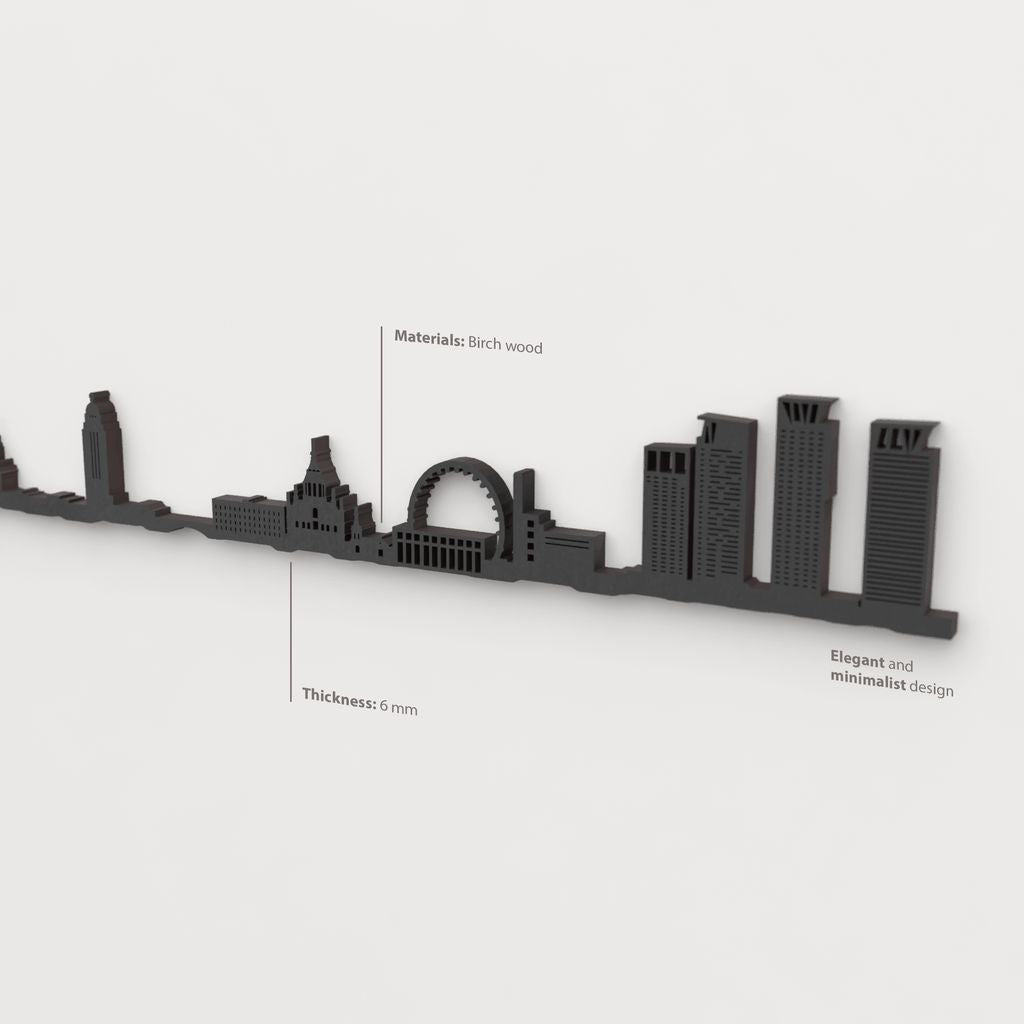 Acabado lacado negro del skyline Helsinki en madera.