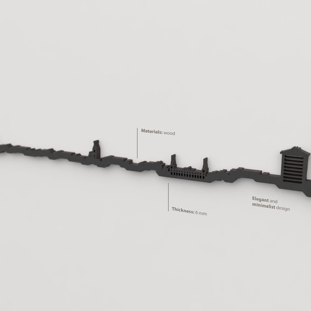 Acabado lacado negro del skyline Huelva en madera.