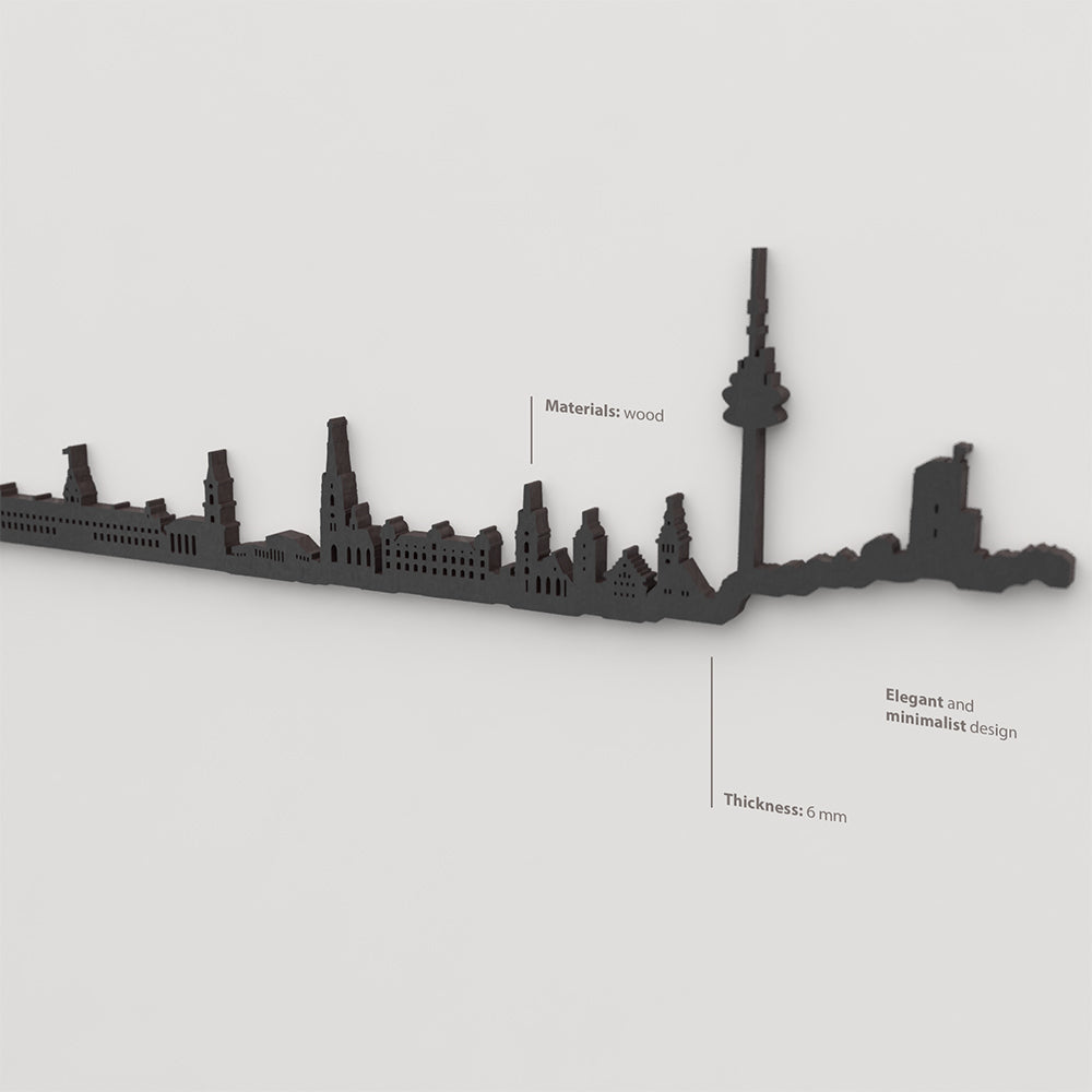 Acabado lacado negro del skyline Karlsruhe en madera.