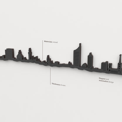 Acabado lacado negro del skyline Leipzig en madera.