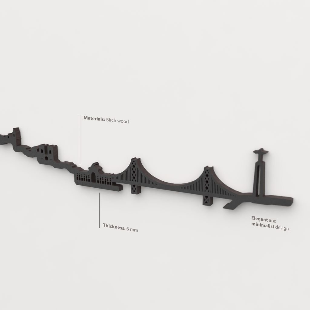 Acabado lacado negro del skyline Lisboa en madera.