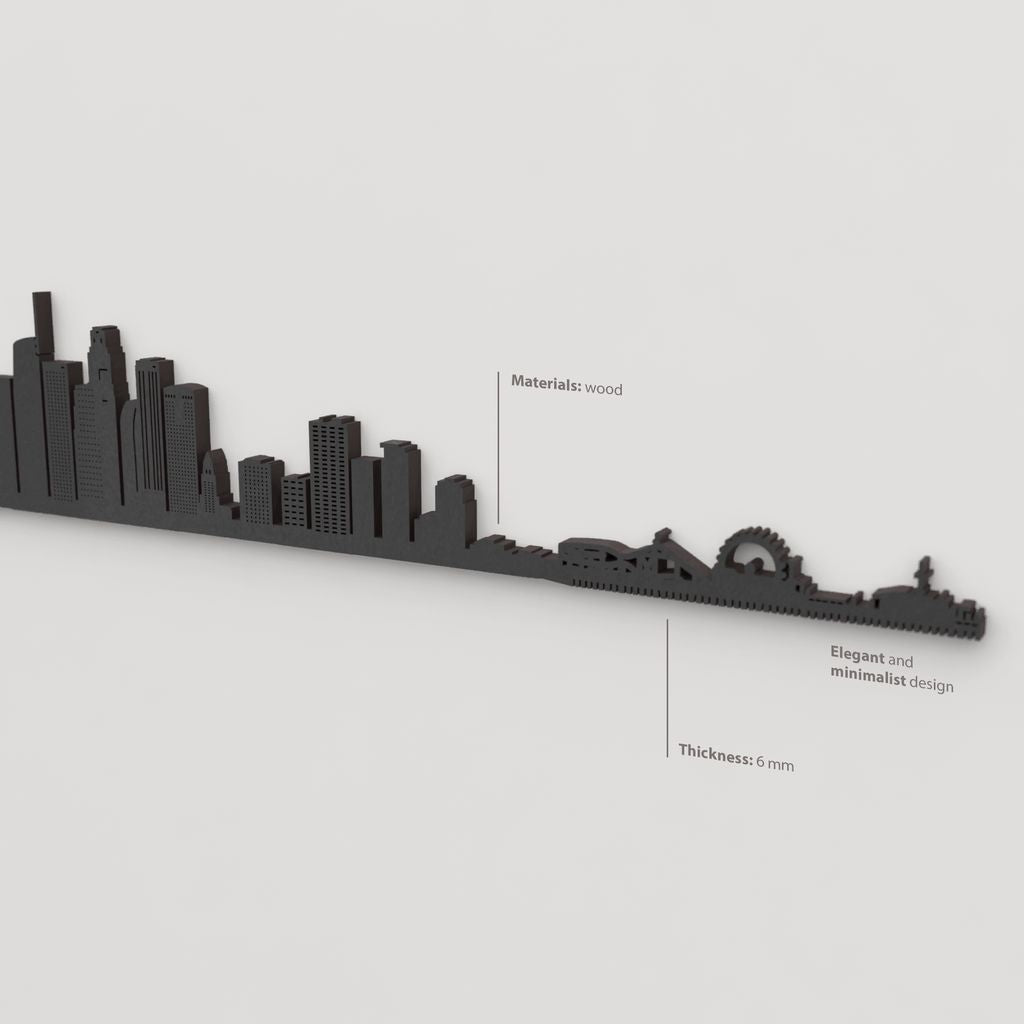Acabado lacado negro del skyline Los Angeles en madera.