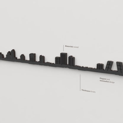 Acabado lacado negro del skyline Madrid en madera.