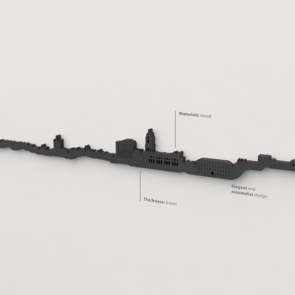 Acabado lacado negro del skyline Málaga en madera.