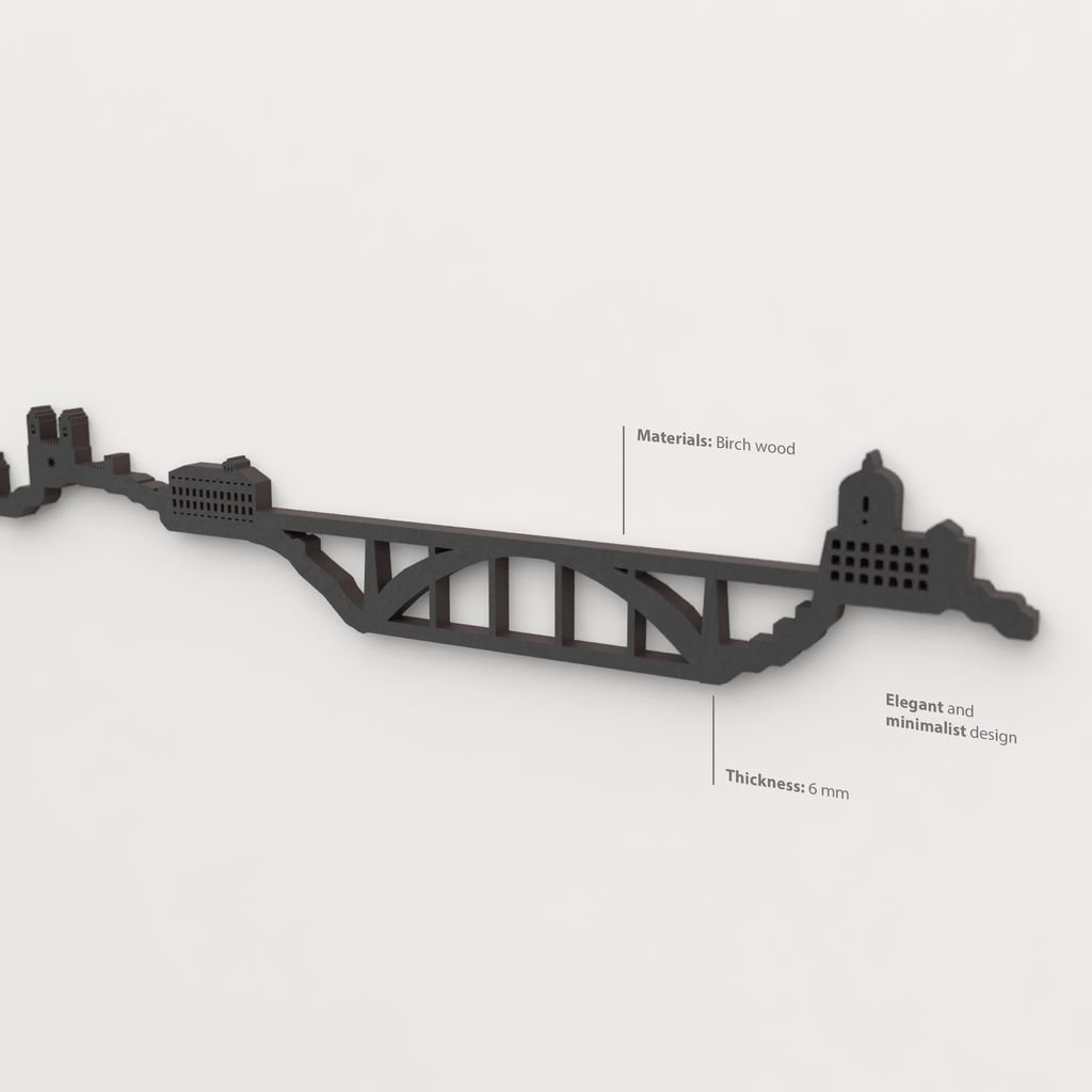 Acabado lacado negro del skyline Oporto en madera.