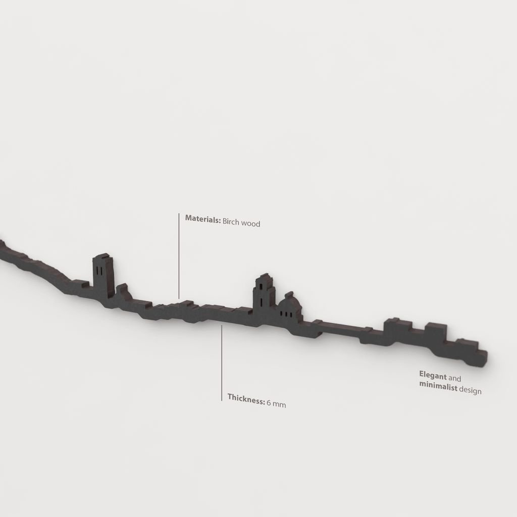 Acabado lacado negro del skyline Orihuela en madera.