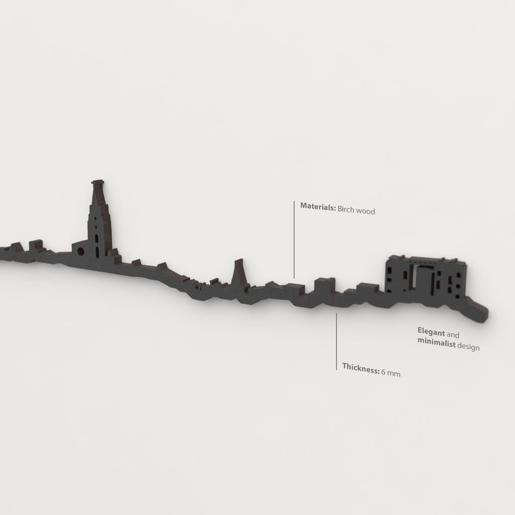 Acabado lacado negro del skyline Oviedo en madera.