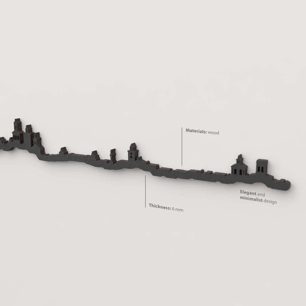 Acabado lacado negro del skyline Pamplona en madera.