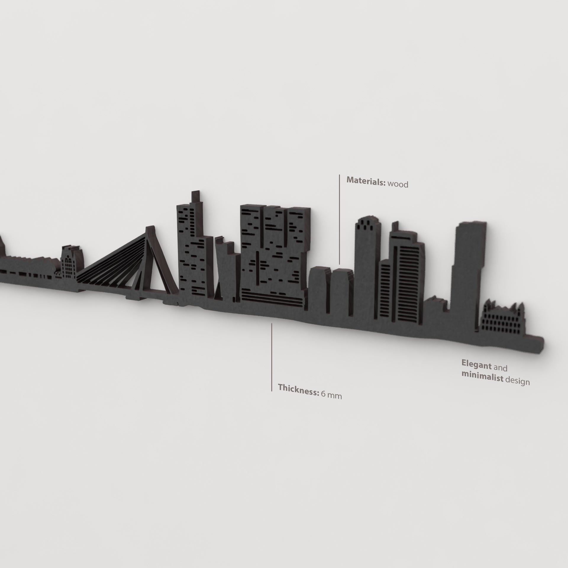 Decoración de pared con la silueta del skyline de Rotterdam color negro.