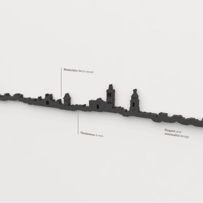 Acabado lacado negro del skyline Sabadell en madera.