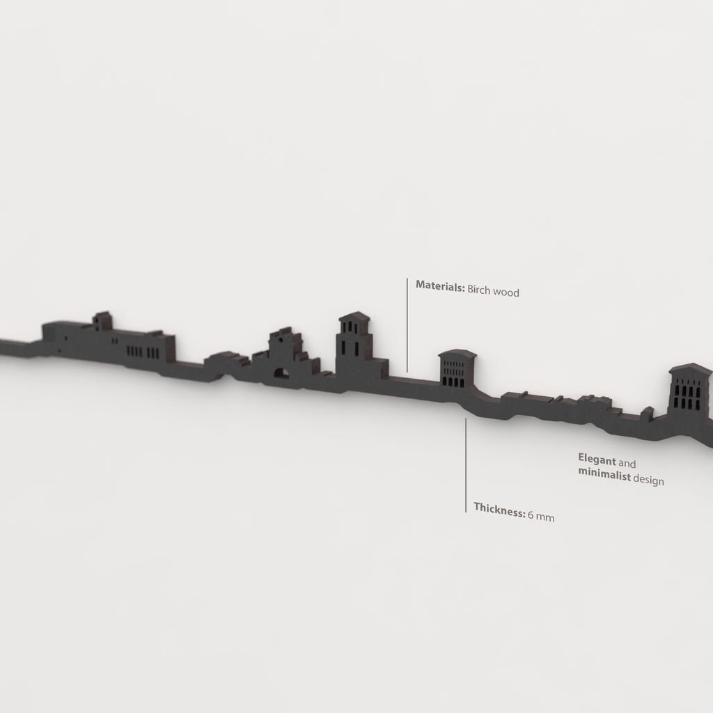 Acabado lacado negro del skyline Sahagún en madera.