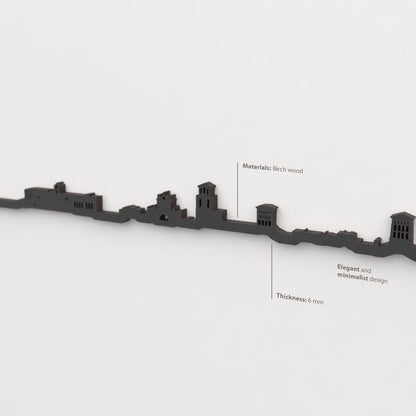 Acabado lacado negro del skyline Sahagún en madera.