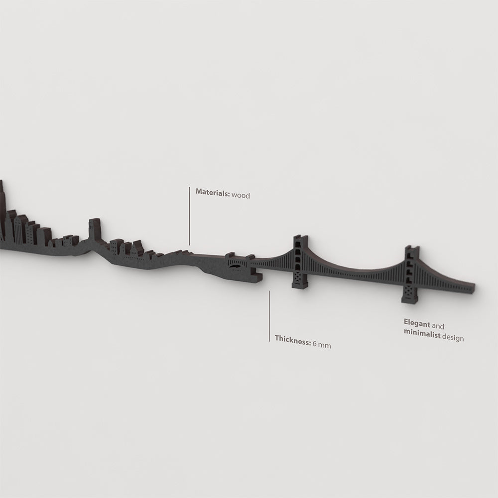 Acabado lacado negro del skyline San Francisco en madera.