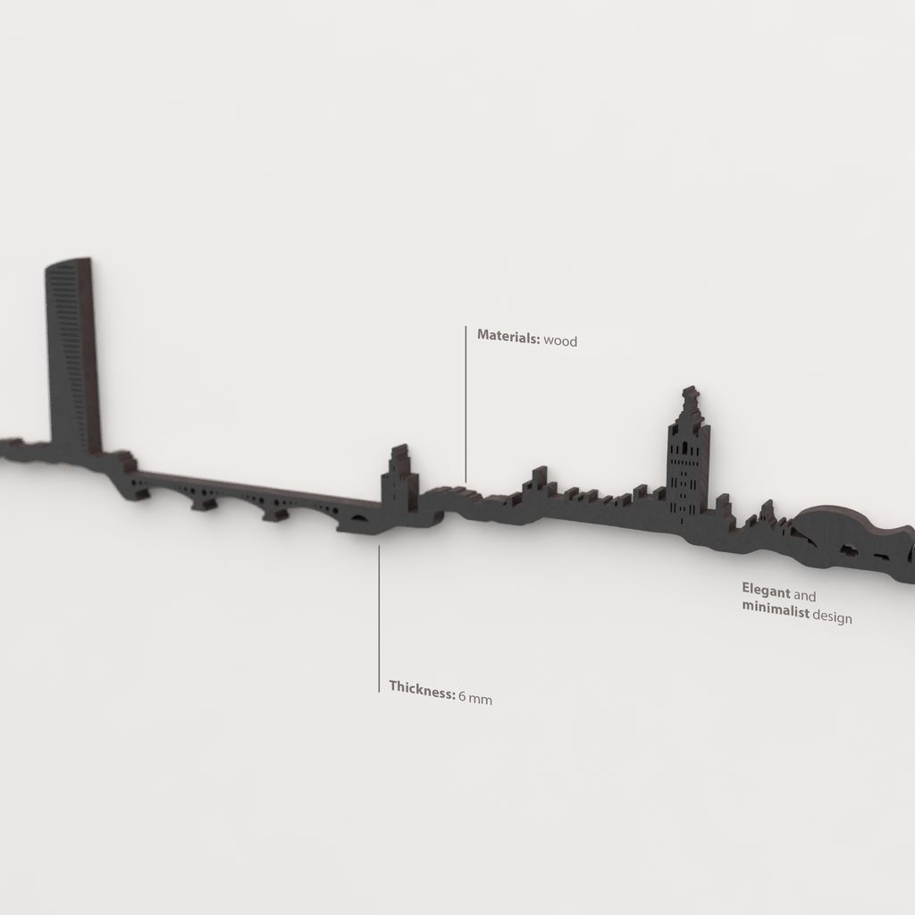 Decoración de pared con la silueta del skyline de Sevilla color negro.