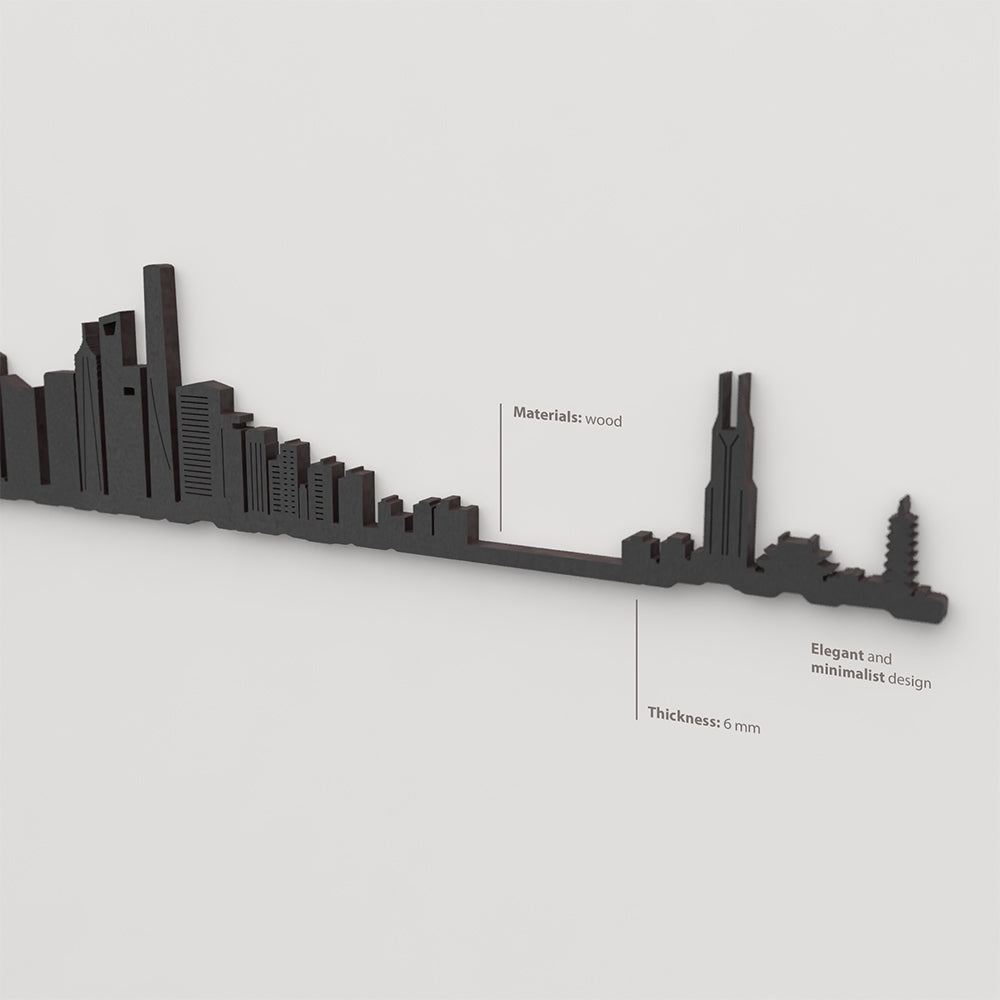 Acabado lacado negro del skyline Shanghái en madera.