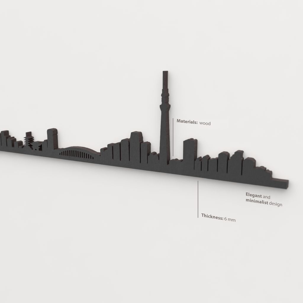 Decoración de pared con la silueta del skyline de Tokio color negro.