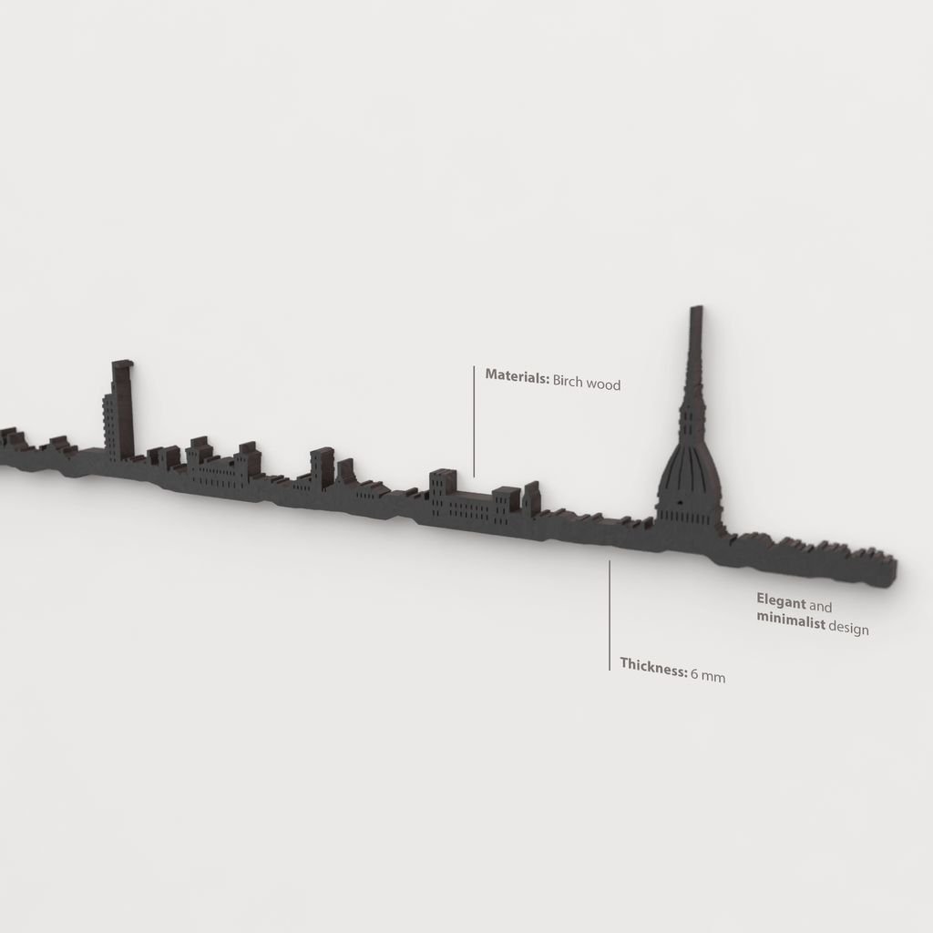 Decoración de pared con la silueta del skyline de Torino color negro.