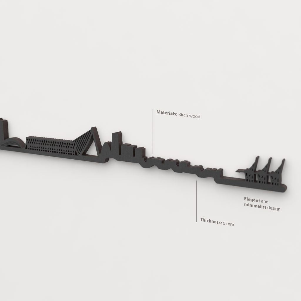 Decoración de pared con la silueta del skyline de Valencia color negro.