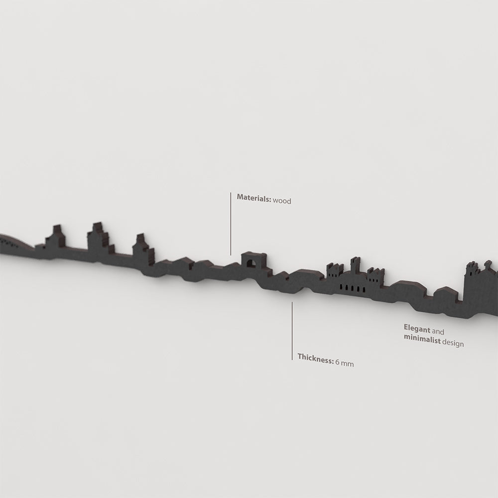 Acabado lacado negro del skyline Valladolid en madera.