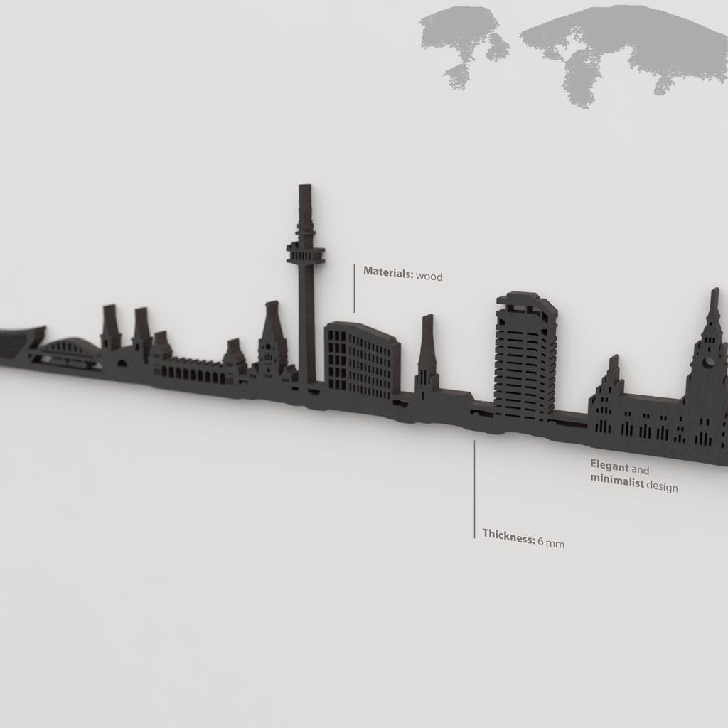 Acabado lacado negro del skyline Wuppertal en madera.