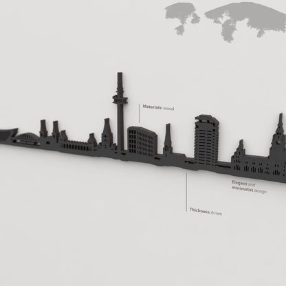 Acabado lacado negro del skyline Wuppertal en madera.
