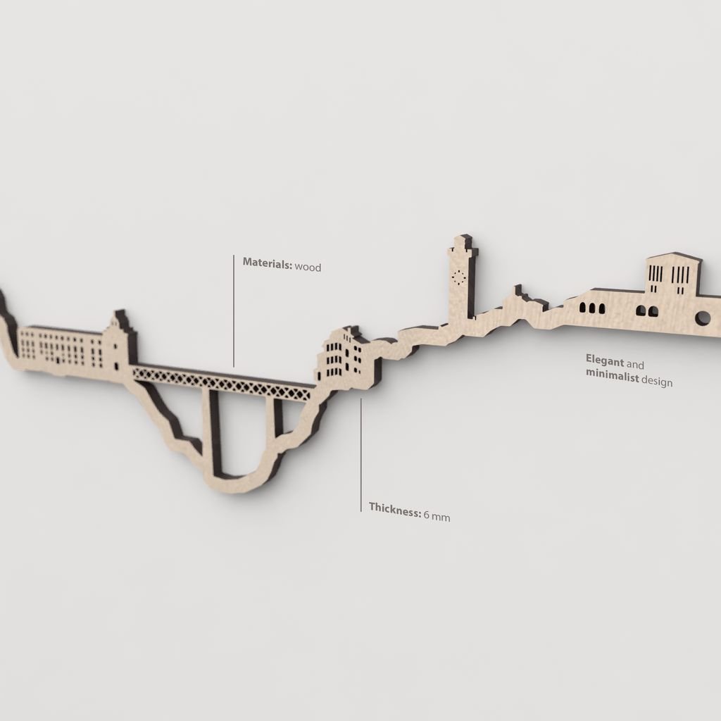 Textura natural de la madera en la silueta decorativa del skyline de Cuenca.