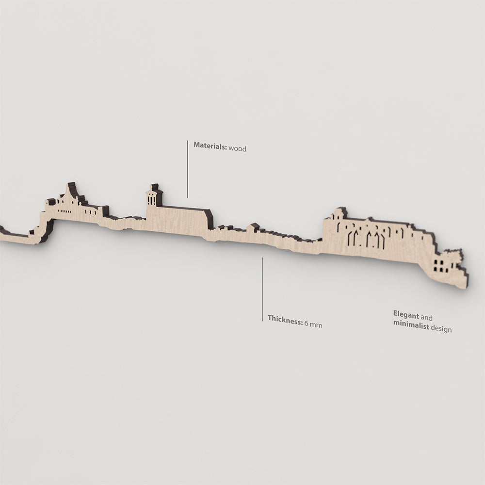 Skyline Maó con vetado visible en madera natural.