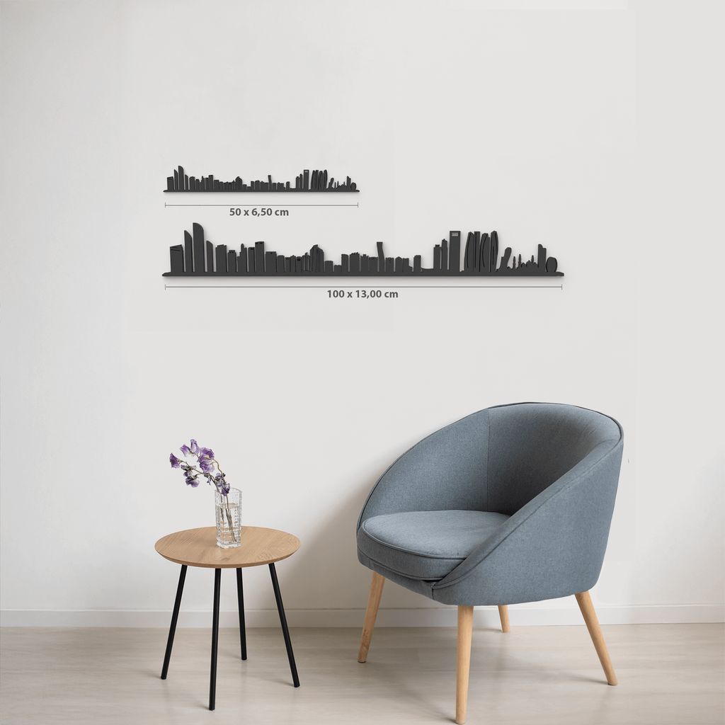 Comparativa 50 cm vs 100 cm del skyline Abu Dabi en salón.