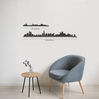 Comparativa de tamaños 50 cm y 100 cm de la silueta de Chicago en una pared de salón.