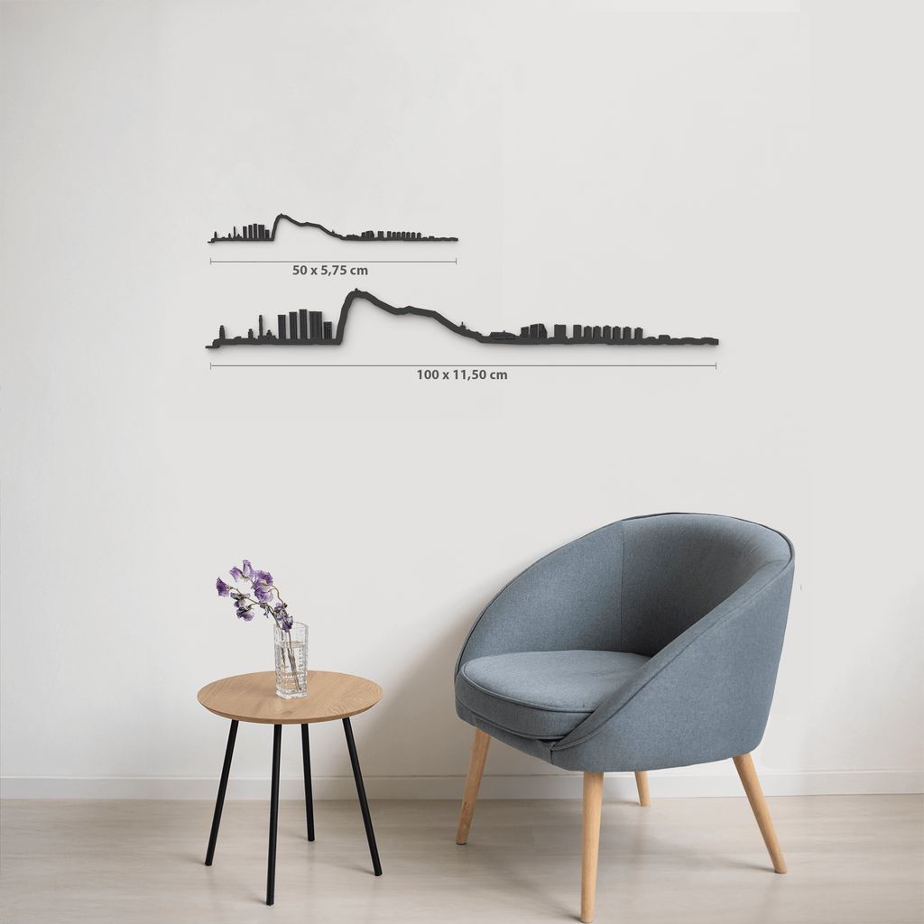 Comparativa de tamaños 50 cm y 100 cm de la silueta de Gibraltar en una pared de salón.