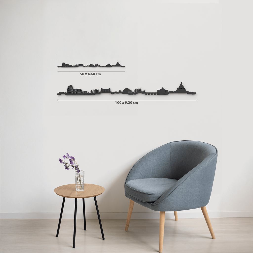 Comparativa de tamaños 50 cm y 100 cm de la silueta de Roma en una pared de salón.